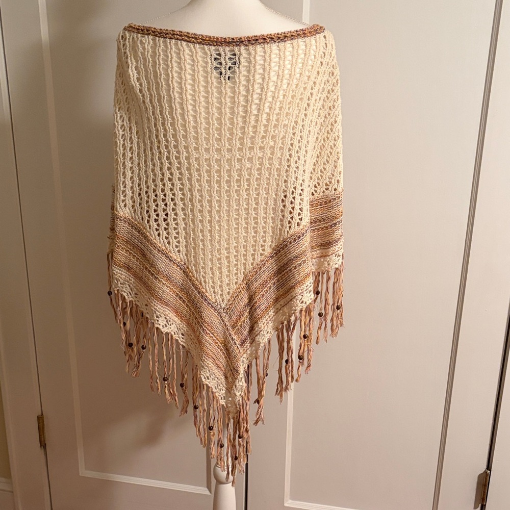 American Eagle Cream and Brown Knit Poncho with Fringe - Picture 3 of 7